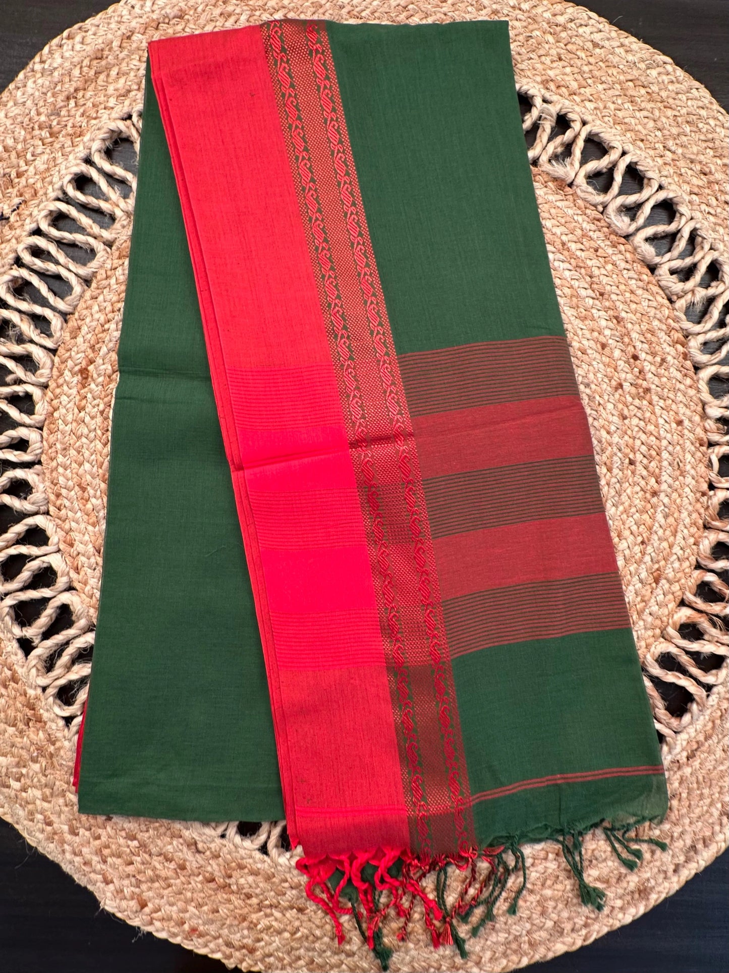 Green-Red Piku Bengal Cotton Saree