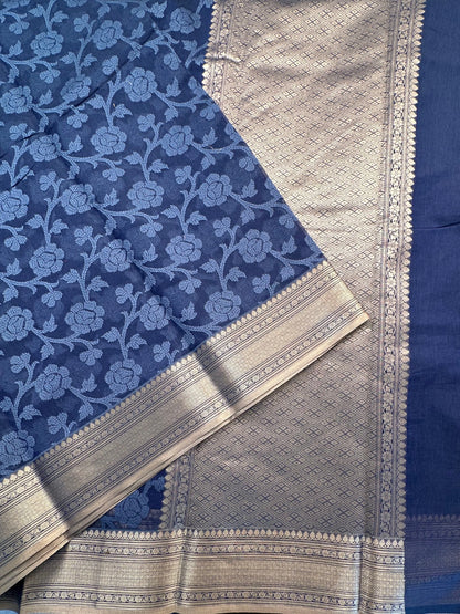 Indigo Floral Emboss Chanderi Saree