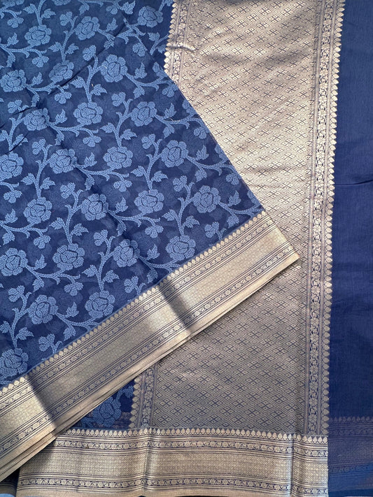 Indigo Floral Emboss Chanderi Saree