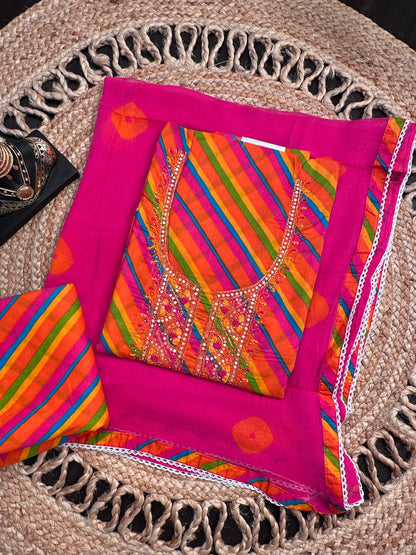 Orange - Multi Colour Leheriya Jaipuri Cotton 3-Piece Suit