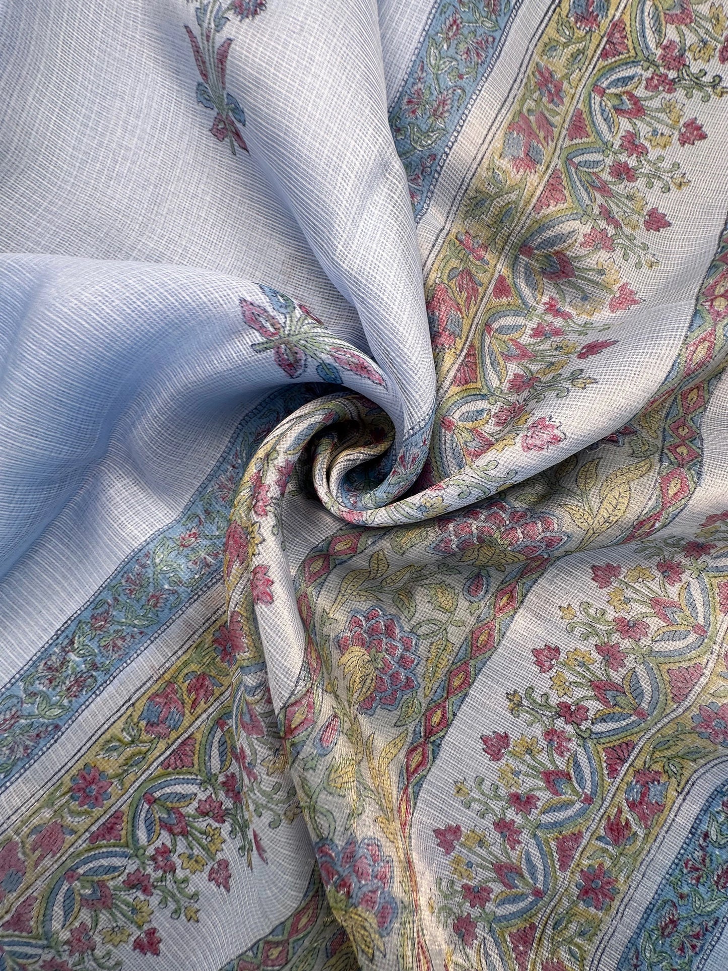 Pastel Blue Hand Block-Print Pure Kota Doria Silk Saree
