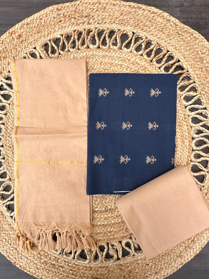 Navy Blue-Beige Warli South Cotton 3-Piece Suit