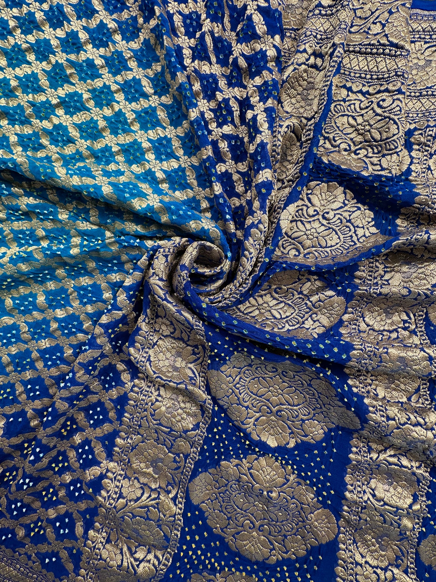 Firozi-Royal Blue Gharchola Bandhej Pure Georgette Saree