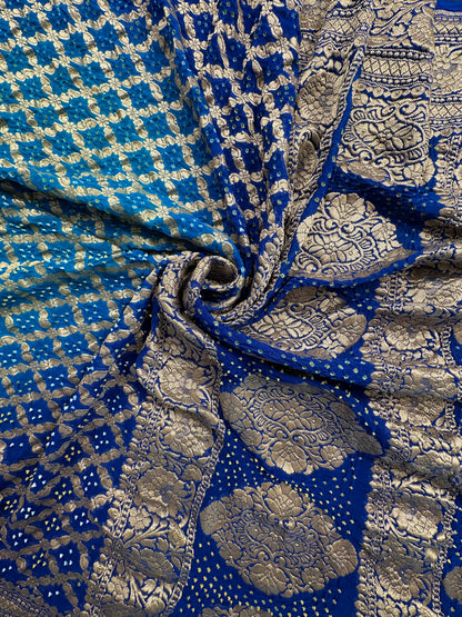 Firozi-Royal Blue Gharchola Bandhej Pure Georgette Saree