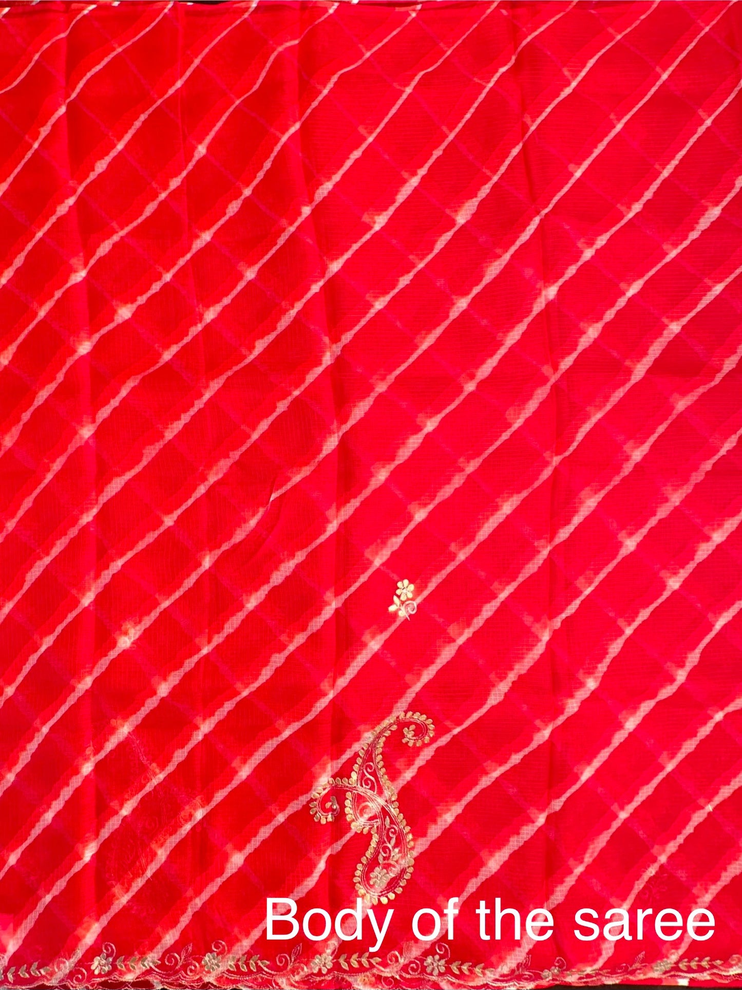 Red-Orange Kyra Leheriya Kota Doria Pure Silk Saree With Gota Patti Work