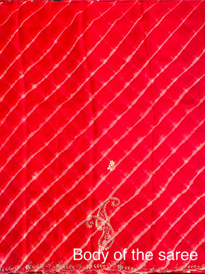 Red-Orange Kyra Leheriya Kota Doria Pure Silk Saree With Gota Patti Work