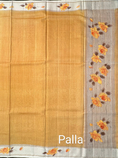 Mustard Hand Print Muga Silk Saree