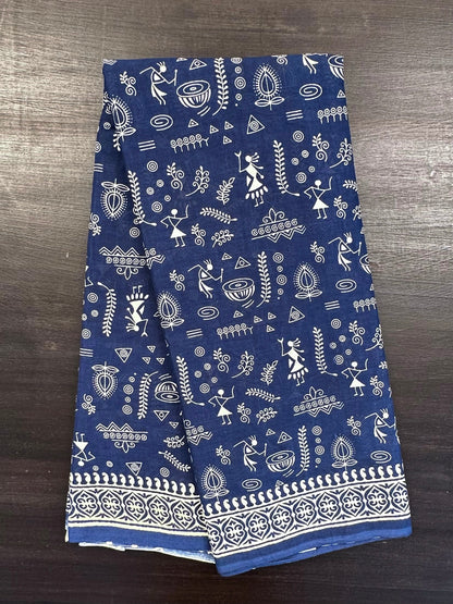 Navy Blue Warli Print Pure Cotton Saree