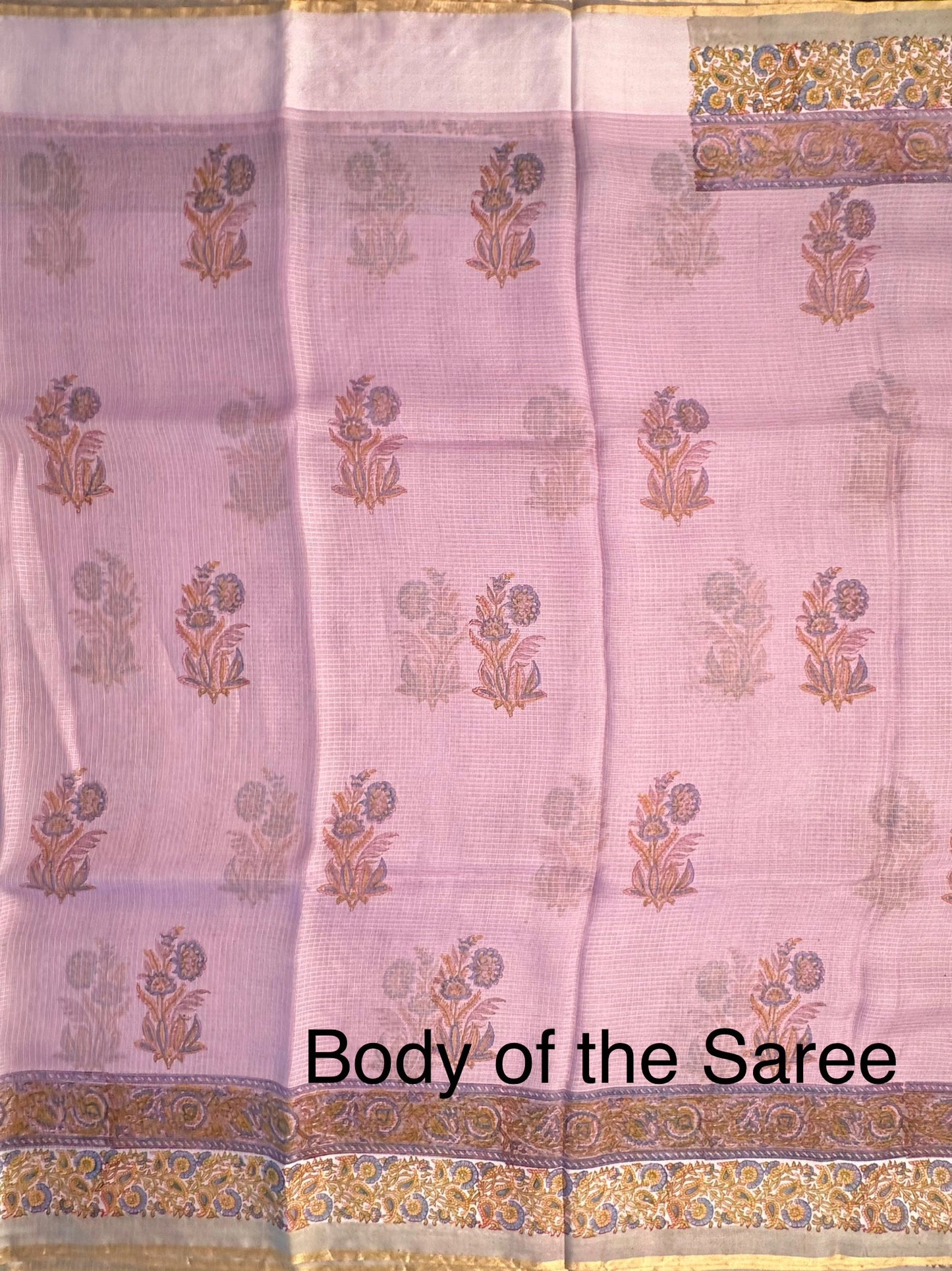 Purple Hand Block-Print Pure Kota Doria Silk Saree