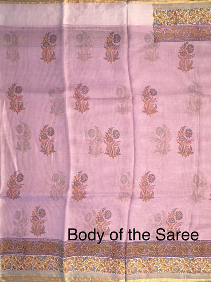 Purple Hand Block-Print Pure Kota Doria Silk Saree