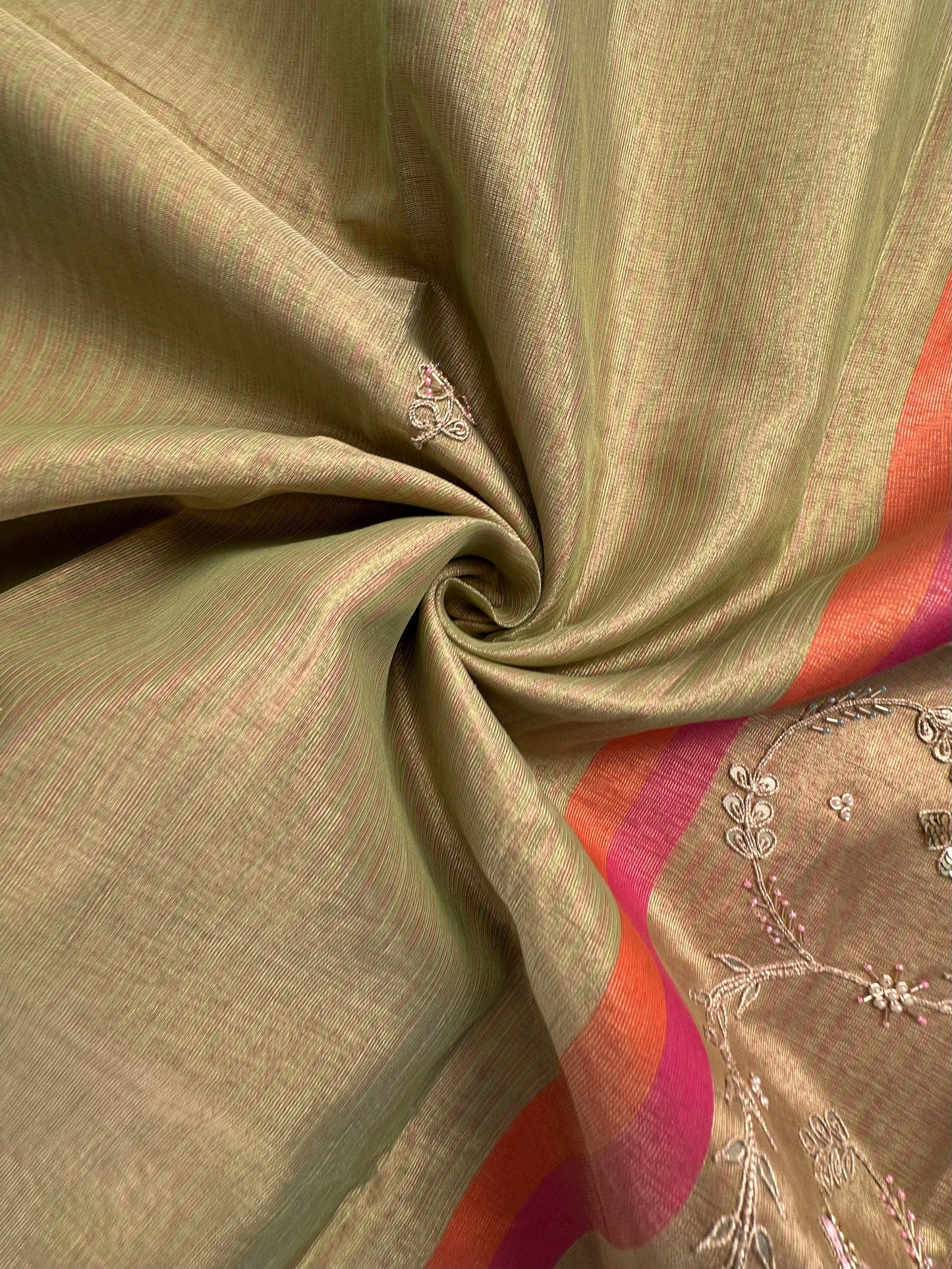 Parrot Green Hand Work Fancy Tissue Saree