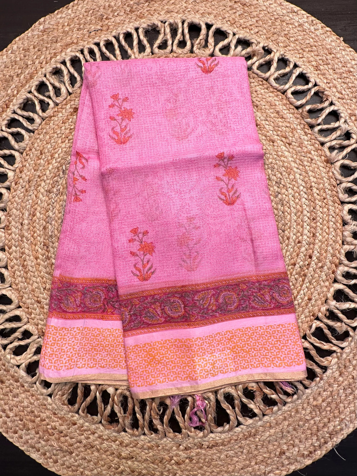 Pink Hand Block-Print Pure Kota Doria Silk Saree