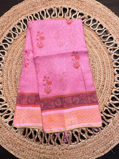 Pink Hand Block-Print Pure Kota Doria Silk Saree