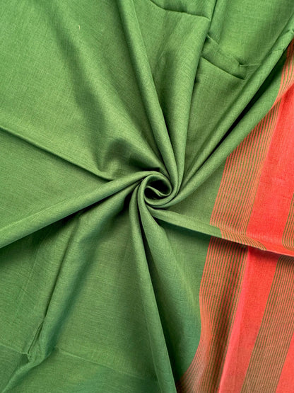 Green-Red Piku Bengal Cotton Saree