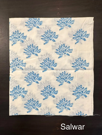 Off White-Blue Hand Block Printed Chanderi 3-Piece Unstitched Suit with Aari Work