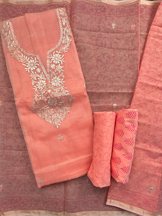Peach 4-Piece Kota Doria Cotton Unstitched Suit