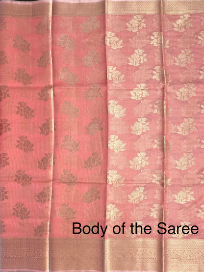 Pinkish Peach Arvita Kota Doria Fancy Cotton Saree