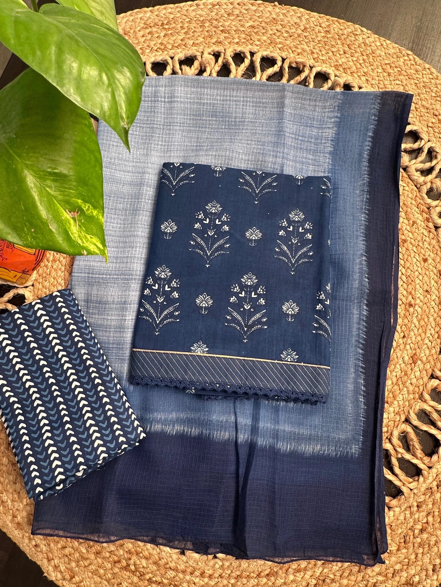 Navy Blue Jaipuri Cotton 3-Piece Suit