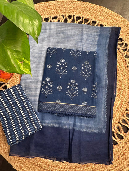 Navy Blue Jaipuri Cotton 3-Piece Suit