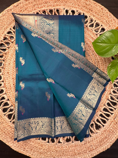 Teal Blue Handloom Kanjivaram Pure Silk Saree