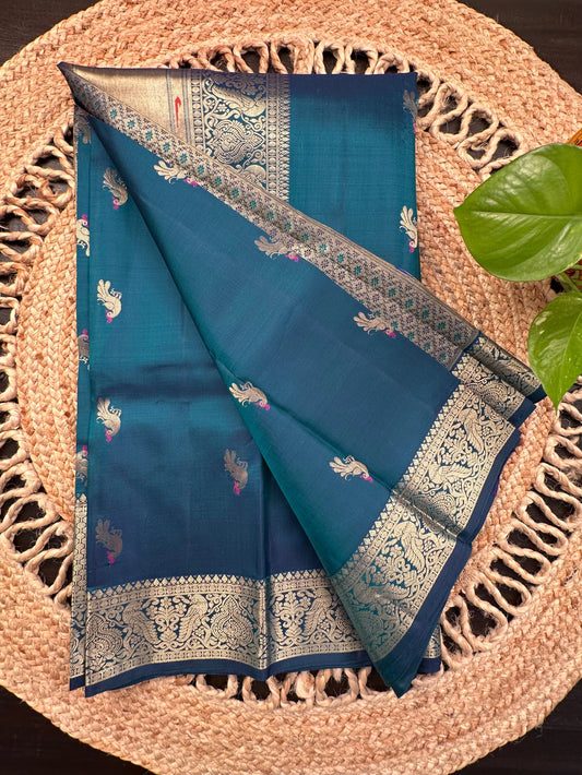Teal Blue Handloom Kanjivaram Pure Silk Saree