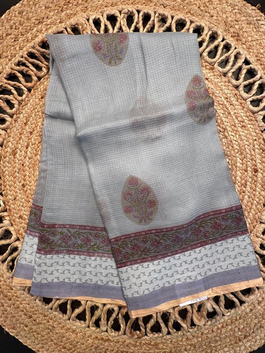 Grey Hand Block-Print Pure Kota Doria Silk Saree