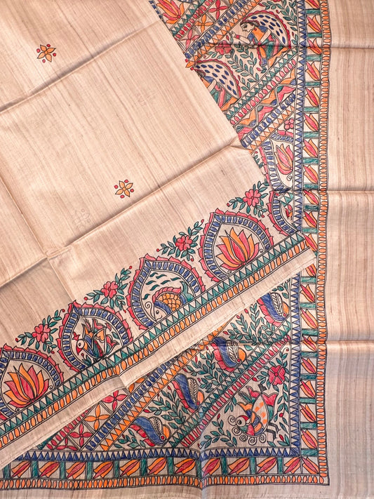 Beige Madhubani Art Pure Tussar Silk Saree