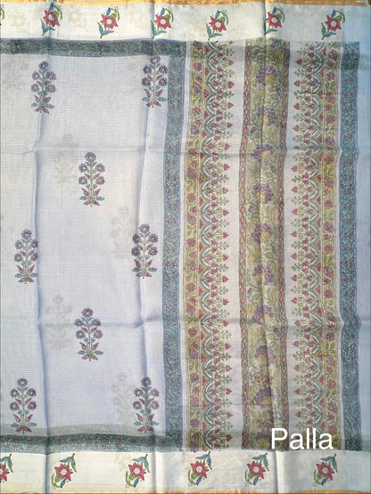 Pastel Blue Hand Block-Print Pure Kota Doria Silk Saree