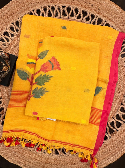 Yellow Linen Dhakai 2 Piece Kurta Dupatta Unstitched Set