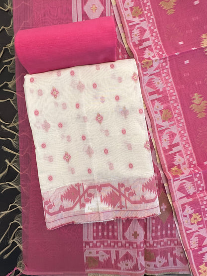 Off White-Pink Jacquard Chanderi Unstitched Suit