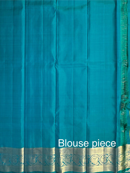Yellow-Peacock Blue Handloom Kanjivaram Pure Silk Saree