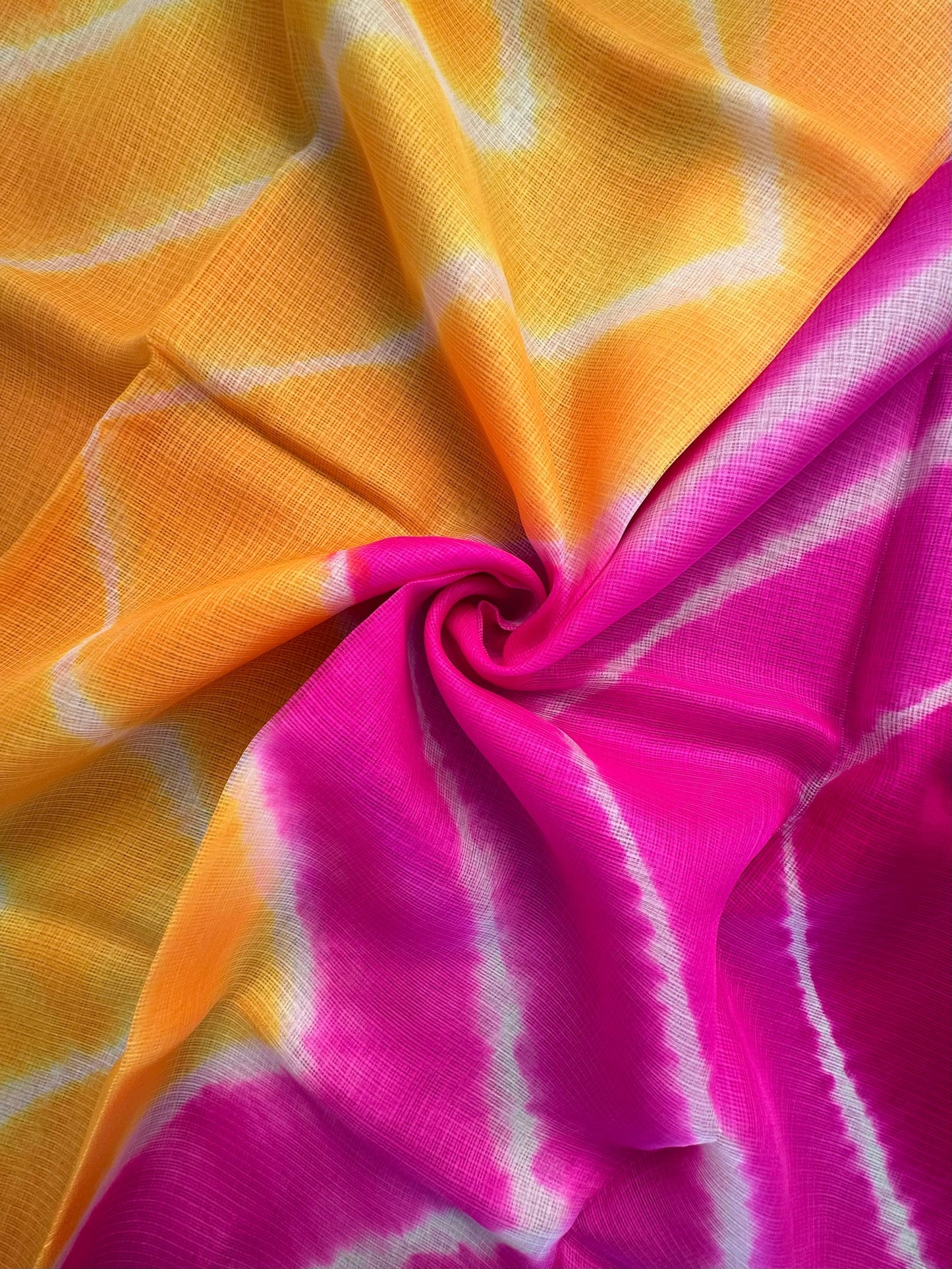 Yellow-Pink Leheriya Kota Doria Pure Silk Saree