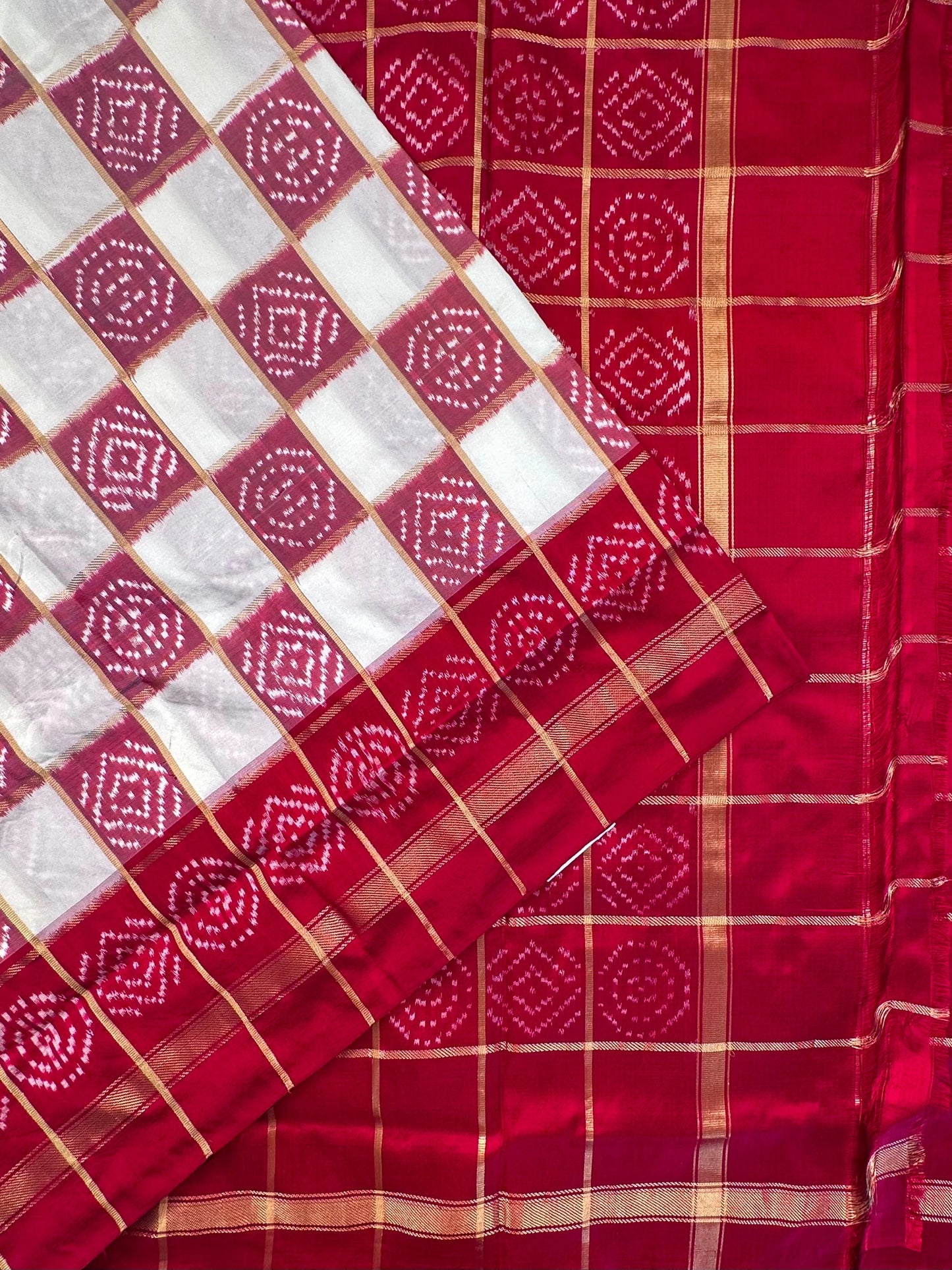 Off White-Red Patola Pure Silk Saree