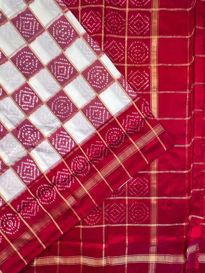 Off White-Red Patola Pure Silk Saree