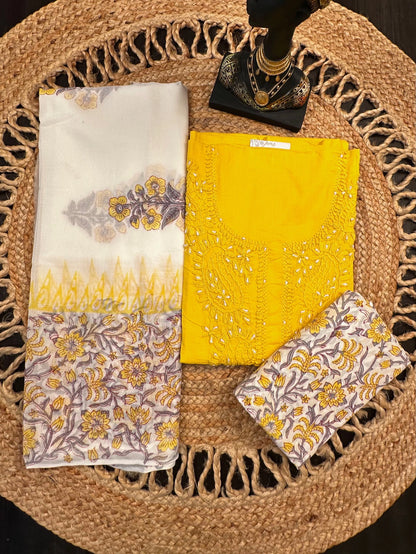 Yellow Hand Embroidery Pure Cotton Suit