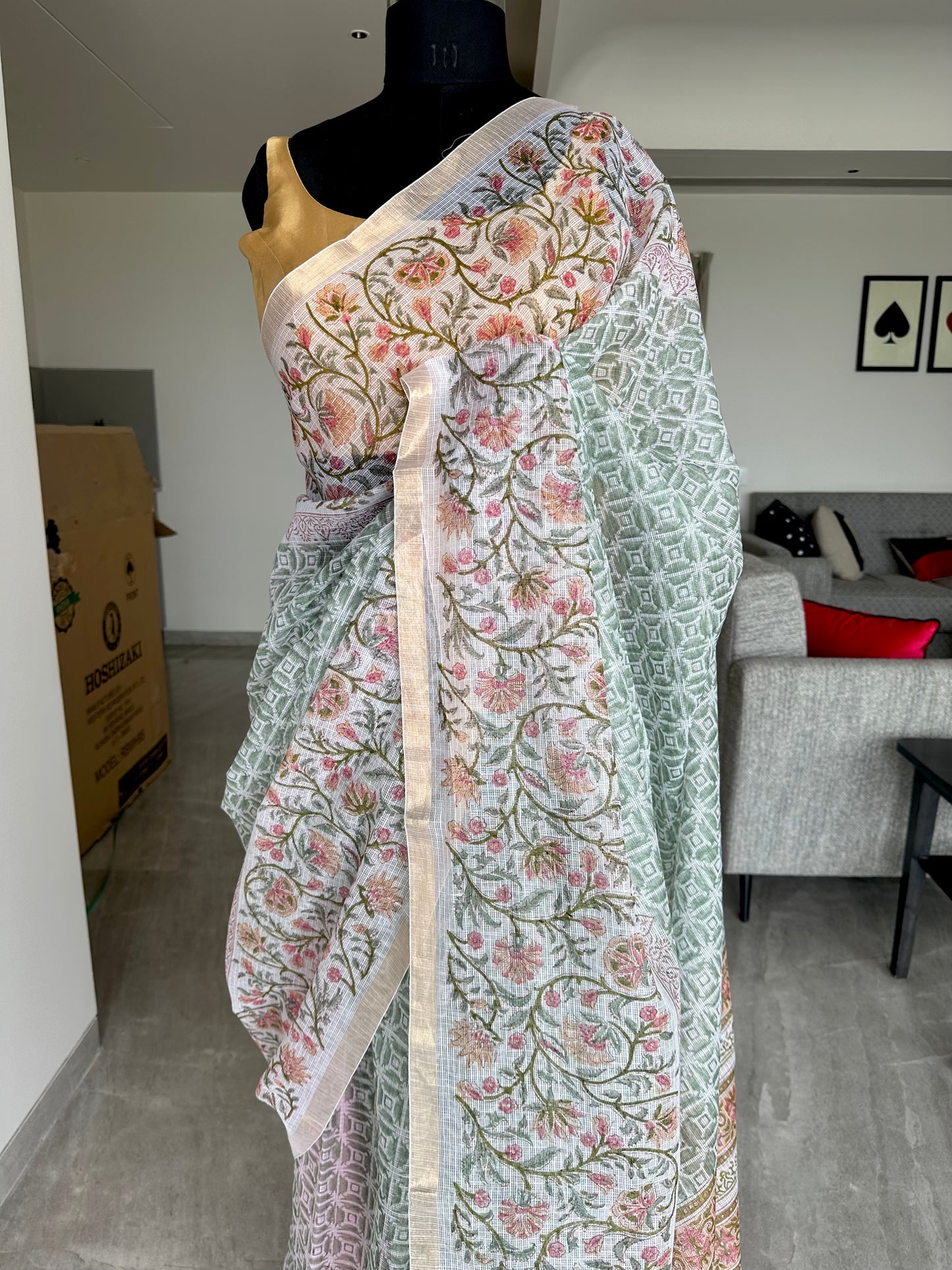 Off White - Grey Block Printed Kota Doria
