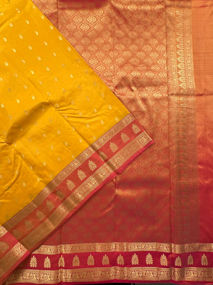 Yellow  Pondicherry Handloom Pure Silk Saree