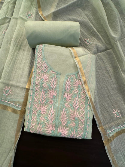 Pista Chanderi Chikankari Handwork 3-Piece Unstitched Suit