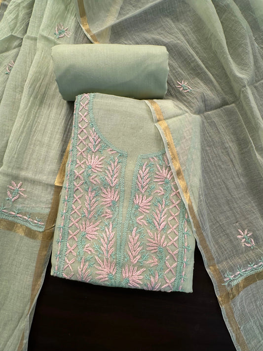 Pista Chanderi Chikankari Handwork 3-Piece Unstitched Suit