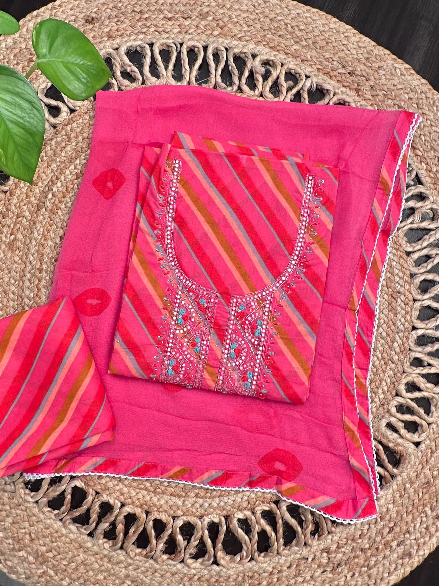 Pink -Multi Colour Leheriya Jaipuri Cotton Unstitched 3-Piece Suit