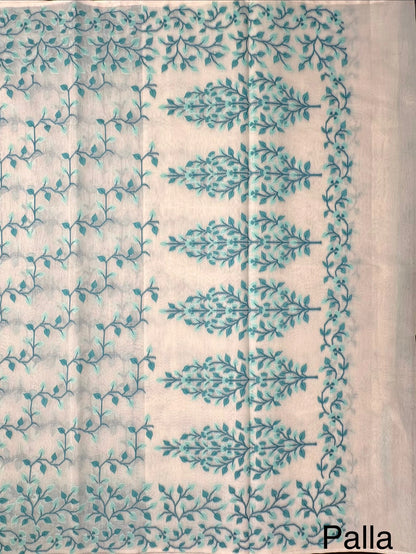 Off White- Sea Green Jamdani Fancy Cotton Saree