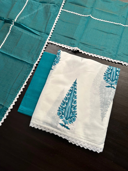 Off White - Rama Green Block Printed Cotton 3-Piece Suit