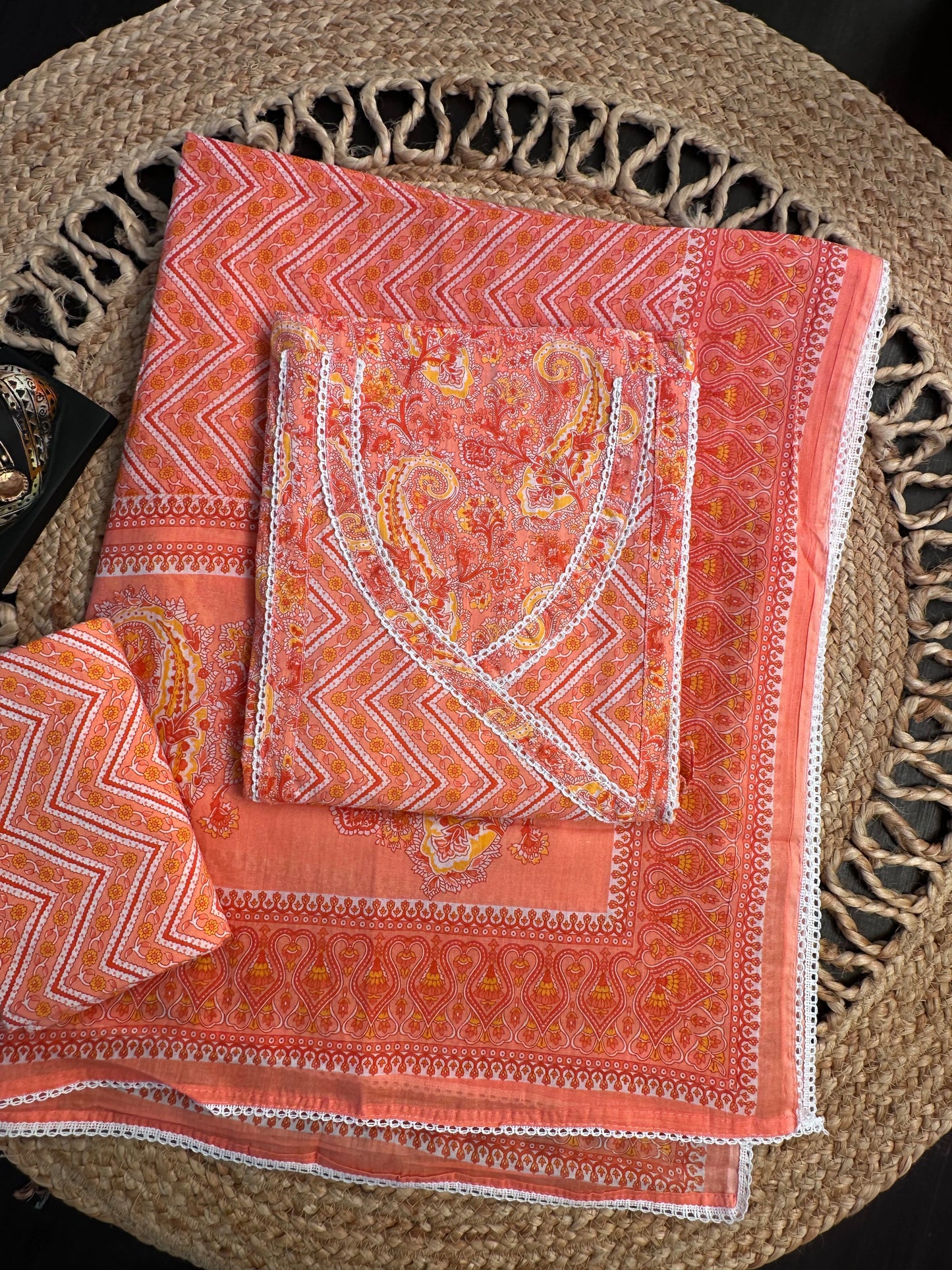 Peach Angrakha Printed Cotton 3-Piece Suit