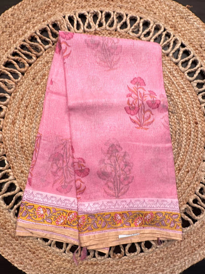 Pink Hand Block-Print Pure Kota Doria Silk Saree