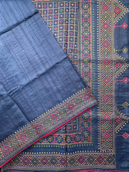 Navy Blue Pure Tussar Silk Saree With Embroidery