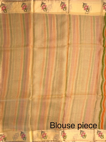 Lemon-Multi Colour Hand Block-Print Pure Kota Doria Silk Saree