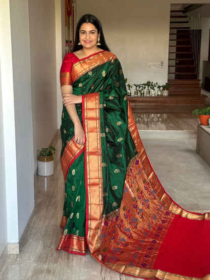 Bottle Green-Red Paithini Silk Saree