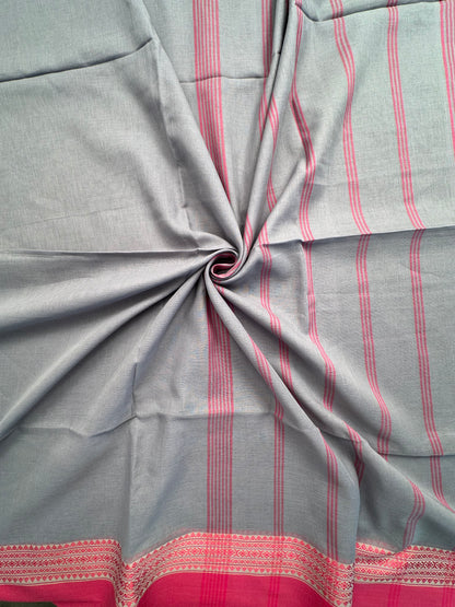 Grey-Pink Piku Bengal Cotton Saree