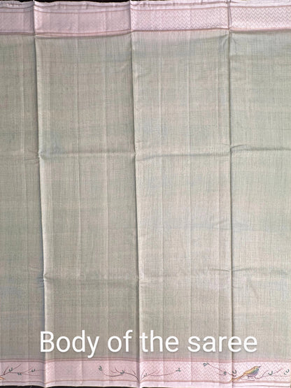Pista Green Hand Print Muga Silk Saree