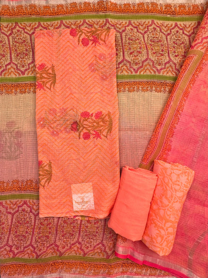 Peach 4-Piece Kota Doria Cotton Unstitched Suit